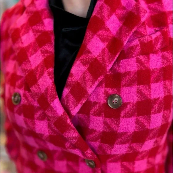 Pink & Red Houndstooth Trench Coat size: Med & Large only ***Last 3 left*** - Picture 3 of 6